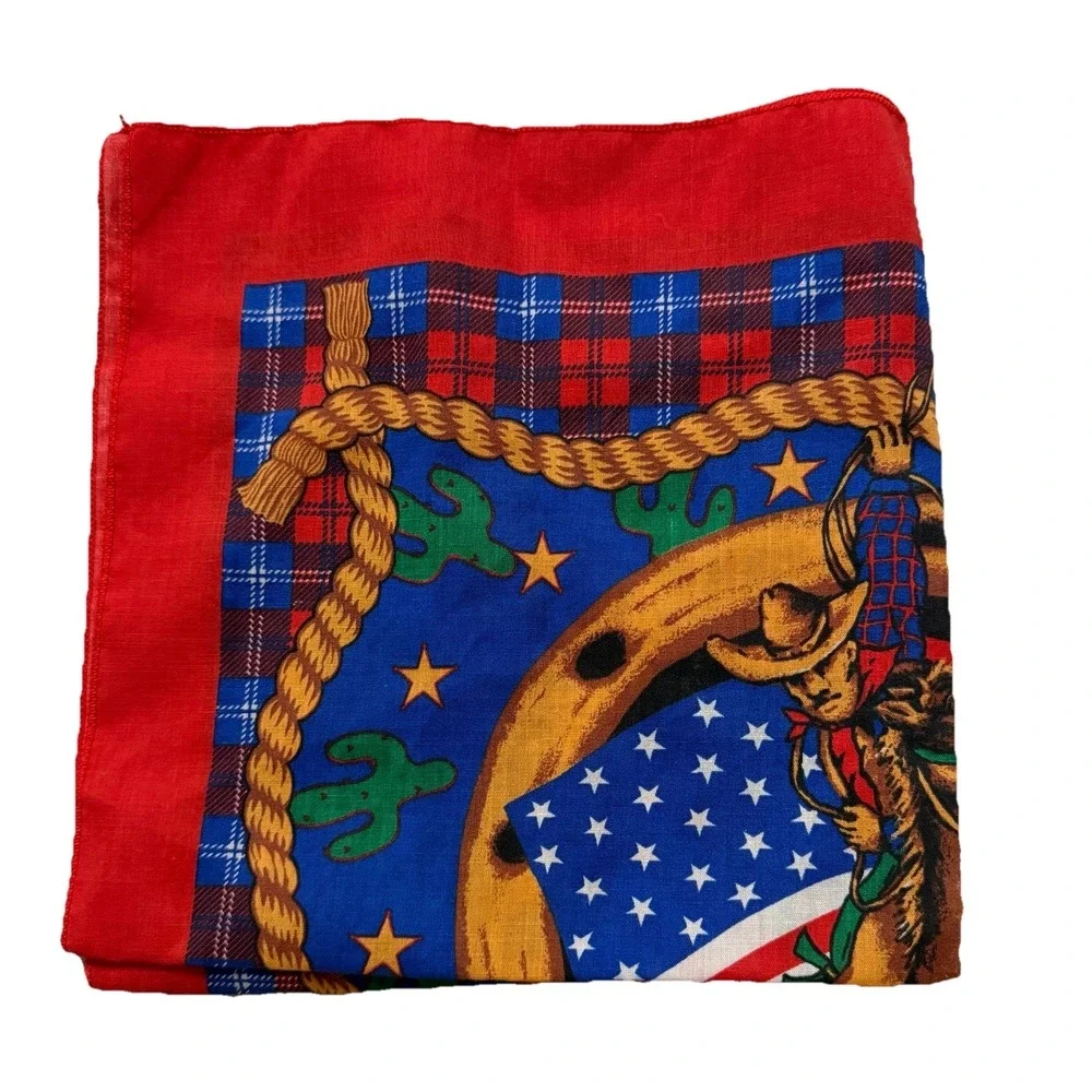 80s Deadstock Western Pictorial Bandana Red Cowboy Horse Handkerchief 20767 USA